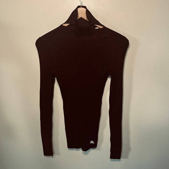 VTG Burberry Cut Out Turtleneck Black Ribbed Knit Stretchy Minimalist Office S - Picture 7 of 12